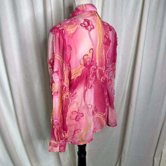 Sea Suns Vintage Floral Blouse Pink Sheer Ruffled Button Up Women's Medium 90s - Picture 4 of 12
